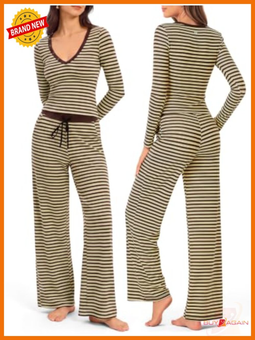 Striped Lounge 2 Piece Set, V-Neck Top & Wide Leg Pants